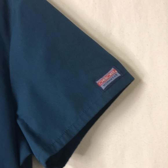 Cherokee Work Wear Scrub Top Size L Teal Short Sleeves Stretchy Side Panels - Picture 4 of 14